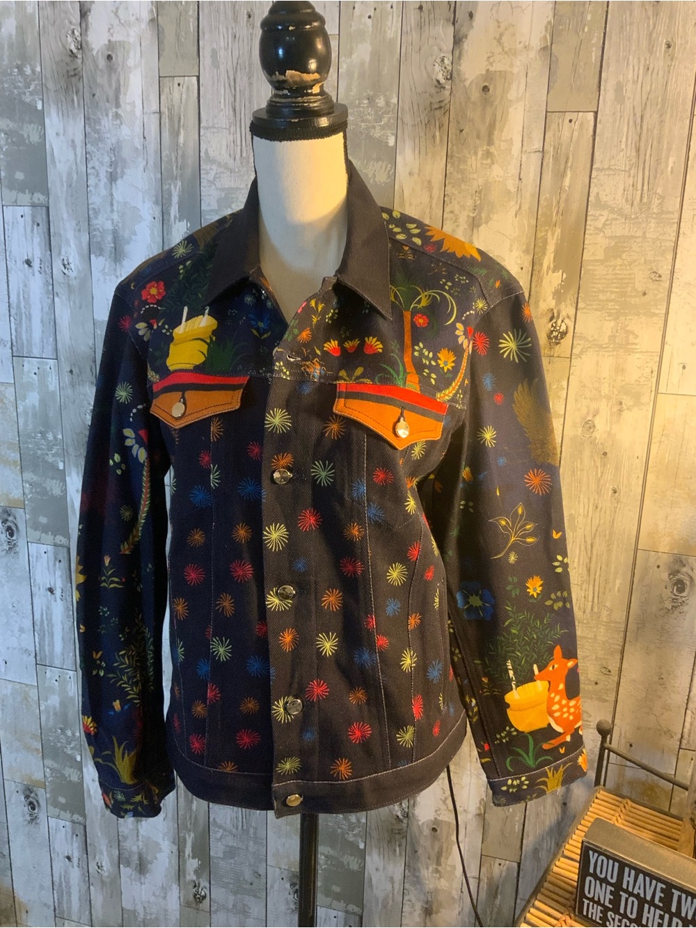 Men's Dark Floral Embroidered Jacket with Bright Trim